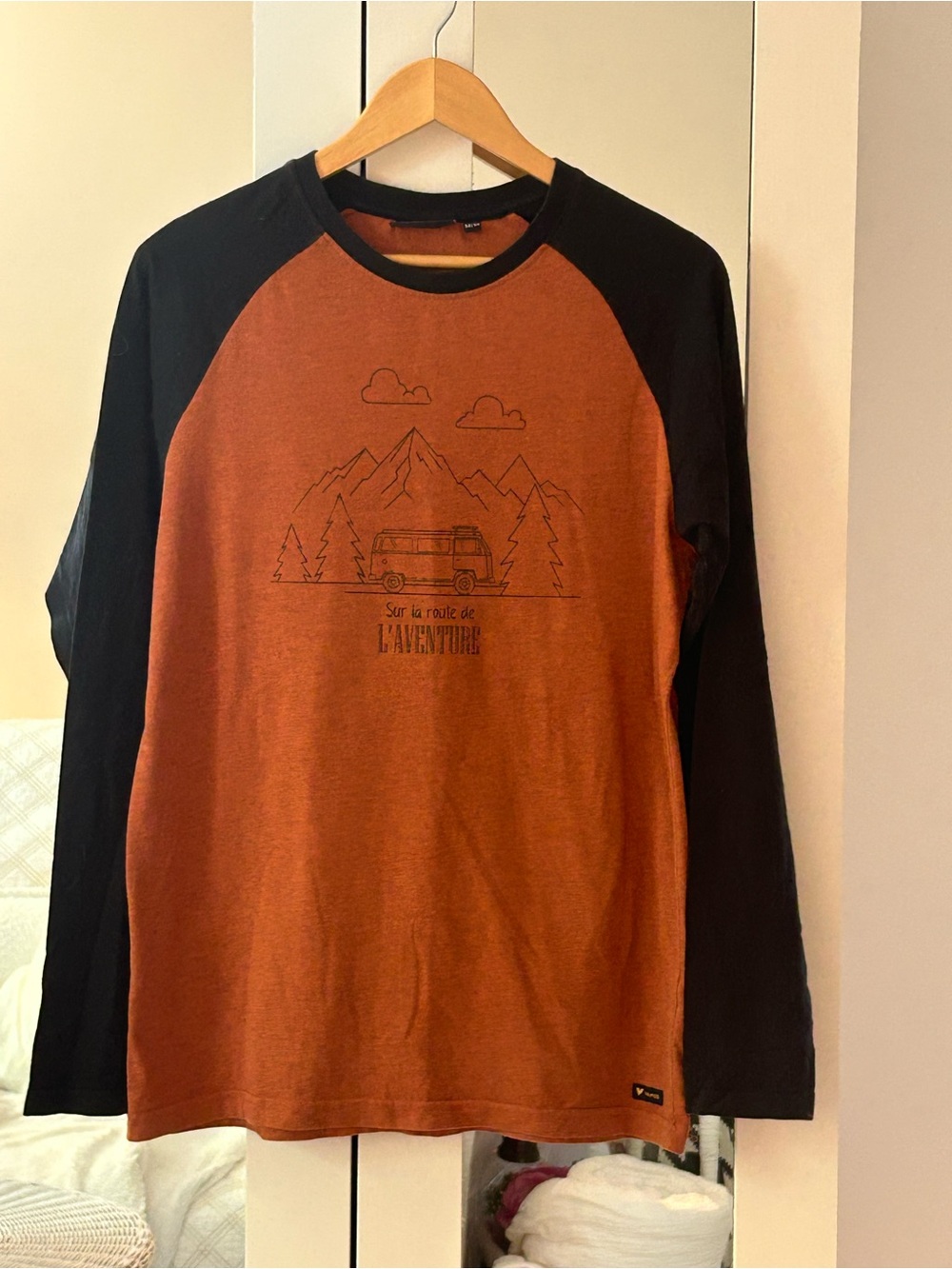 AMO Men's Long Sleeve Orange Raglan Adventure Graphic Tee